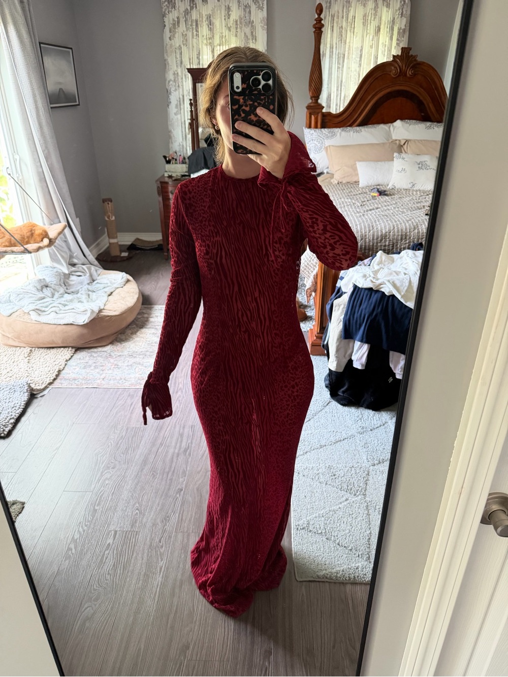 Long Sleeve Textured Maxi Dress - Burgundy
